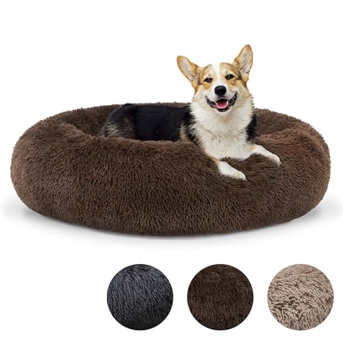 Hundebett Flauschig Donut, Hundekissen Waschbar XL 100cm, Kuschelbett Hund Rund Anti Stress, Hundebett Flocke, Hundekörbchen für Mittelgroßr Großr Hunde, Kaffee von Flei