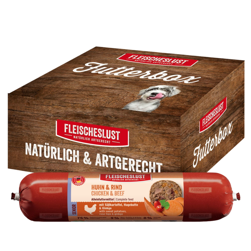 Fleischeslust Futterbox Senior Classic 6 x 800 g - Huhn & Rind mit Süßkartoffel, Hagebutte & Gingko Fleischeslust Futterbox Senior Classic 6 x 800 g - Huhn & Rind mit Süßkartoffel, Hagebutte & Gingko von Fleischeslust