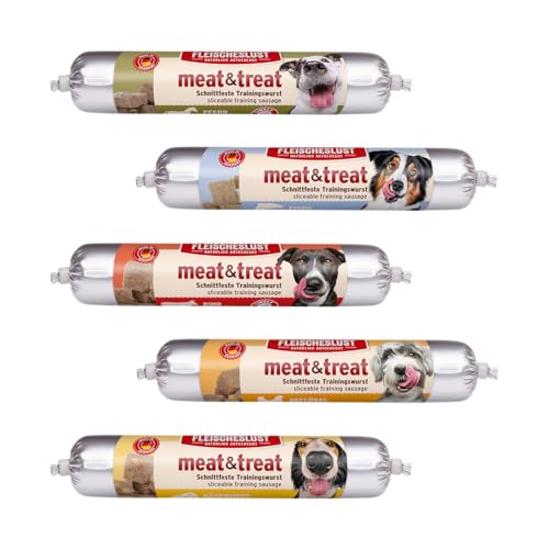 Fleischeslust Meat & Treat gemischtes Sortiment 33x80g (7X Rind, 7X Geflügel, 7X Pferd, 7X Lachs, 5X Käsewurst) von Fleischeslust