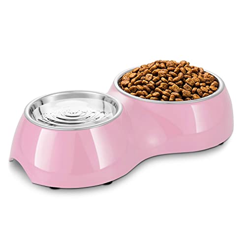 Flexzion Doppel Fressnapf, Futterstation, 2X Edelstahl Futternapf für Kleine Hunde - 400ml + 150ml, Napfständer mit rutschfest, Doppelt Napf für Hunde Katzen Welpen Haustiere - Rosa von Flexzion