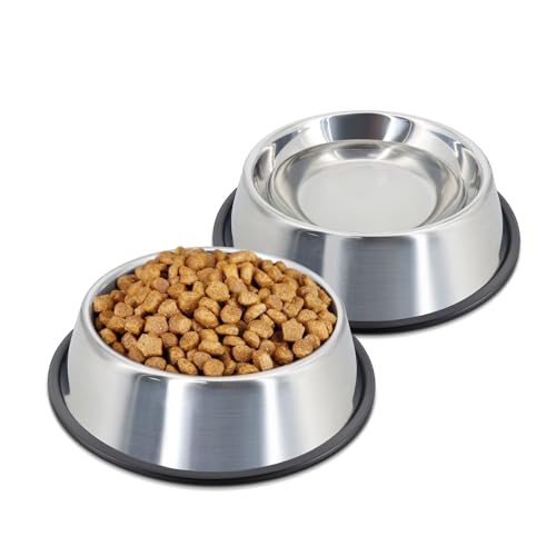 Flexzion Edelstahl-Hundenapf, kein Durcheinander, kein Verschütten, Wassernapf, Gummiunterseite, Hundenäpfe für mittelgroße Hunde, Futter und Wassernapf, Haustierfutterhalter, 22 cm, 2 Stück von Flexzion