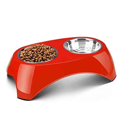 Flexzion Hundenapf, Futterstation, erhöhter Futternapf für kleine-/mittelgroße Hunde, 2X 700ml Edelstahl Fressnapf mit Melamine Napfständer, Zubehör für Haustiere, mit rutschfesten Füßen, rot von Flexzion