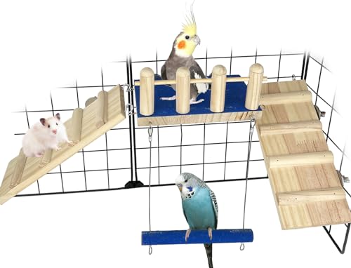 FlidRunest Vogelspielzeug, Papageien-Sitzstange Plattform mit Schaukel und Leiter, Vogelspielplatz, Pfotenschleifen, raue Oberfläche, Kletterübungsständer aus Holz für Sittiche, Papagei, Lovebird, von FlidRunest