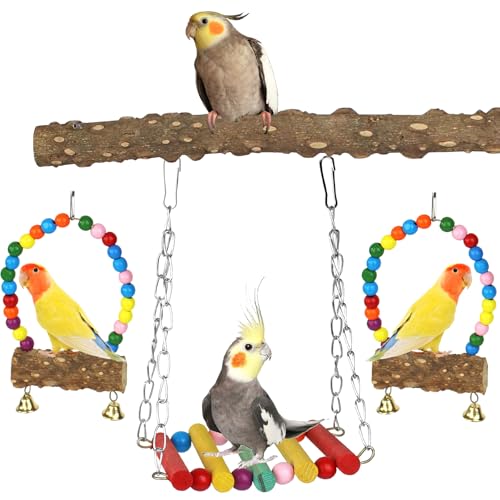 FlidRunest Vogelspielzeug für Papageien, Holz-Sitzstange mit Schaukeln, hängende Vogelhängematte, Sittich, Kletterspielzeug für Sittiche, Sittiche, Nymphensittiche, Liebesvögel, Finken und kleine von FlidRunest