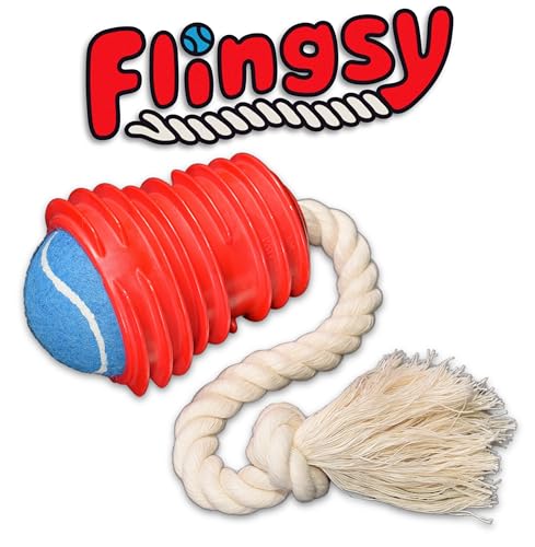 Flingsy Ballwerfer und Schleppseil für Hunde, mit 100 % Baumwollseil, hergestellt in den USA, Größe M von Flingsy