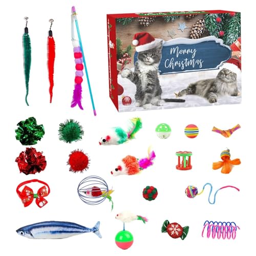 Flkiglm Katzenspielzeug Adventskalender 2024, 24 Katzenspielzeuge Weihnachtskalender Interaktives Kätzchenspielzeug mit Katzenminze Fisch, Mäuse, Bälle und Glocken, Katzen adventskalender 2024 von Flkiglm