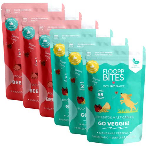FlooppBITES Snack für Hunde, 100 % natürlich, kaubare Textur, Leckerlis, Leckerlis für Hunde, Mischpackung Leber, Karotten, Käse und Leinen, Packung mit 6 x 50 g (insgesamt 300 g) von Floopp BITES 100% NATURALES