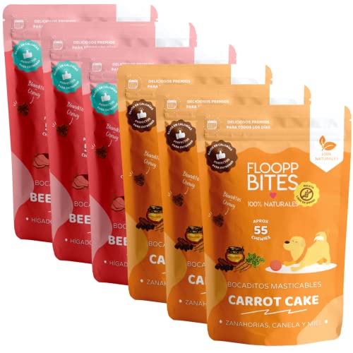 FlooppBITES Snack für Hunde, 100 % natürlich, kaubare Textur, Leckerlis, Leckerlis für Hunde, Mischpackung Leber, Karotten, Zimt und Honig, Packung mit 6 x 50 g (insgesamt 300 g) von Floopp BITES 100% NATURALES