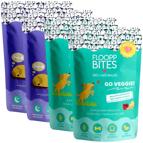 FlooppBITES Snack für Hunde, 100 % natürlich, knuspriger Keks, Leckerlis, Leckerlis für Hunde, Mixpack Joghurt, Kamille, Käse, Leinen, 4 x 100 g (insgesamt 400 g) von Floopp BITES 100% NATURALES