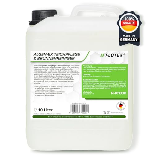 Flotex® 10L Teichklar Teichpflege & Brunnenreiniger, Algenvernichter für Teich und Brunnen - Teichklärer sorgt für klares Teichwasser und schont Fische und Pflanzen – Teichreiniger Algenfrei von Flotex