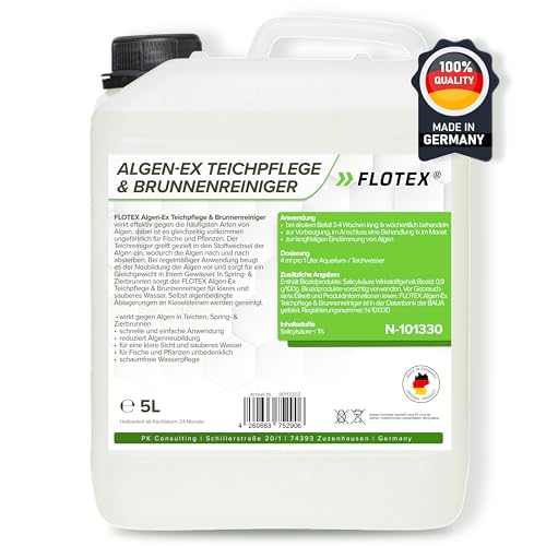 Flotex® 5L Teichklar Teichpflege & Brunnenreiniger, Algenvernichter für Teich und Brunnen - Teichklärer sorgt für klares Teichwasser und schont Fische und Pflanzen – Teichreiniger Algenfrei von Flotex