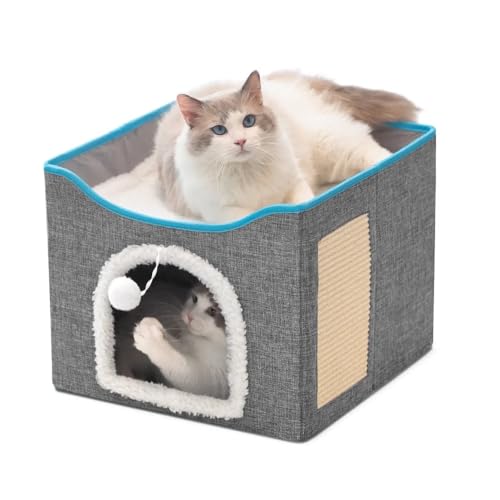 Fluffy Paws Store Katzenbetten für Indoor-Katzen – große Katzenhöhle für Haustier-Katzenhaus mit flauschigem Ball zum Aufhängen und Kratzpolster, faltbares Katzenversteck, 41,9 x 41,9 x 33 cm, Grau von Fluffy 🐾 Store