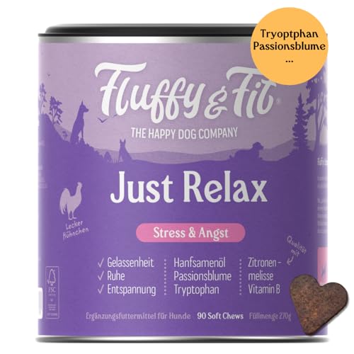 Fluffy & Fit Just Relax Beruhigungsmittel für Hunde gegen Angst & Stress - Entspannung Hund mit L-Tryptophan & Hanfsamenöl, Probiotika - Antistress Snack Hund mit Vitamin B-Komplex, 270g (1 x Dose) von Fluffy & Fit