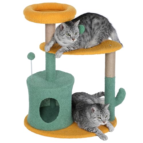 Catcus Kratzbaum Turm, 78,7 cm Katzenbaum mit Kratzstämmen, Katzenbaum für Indoor-Katzen, Kleiner Katzenturm, Katzenspielhaus, Katzenhöhlen für Erwachsene Katzen, Grün & Orange (78,7 cm + 3 Ebenen) von FluffyDream