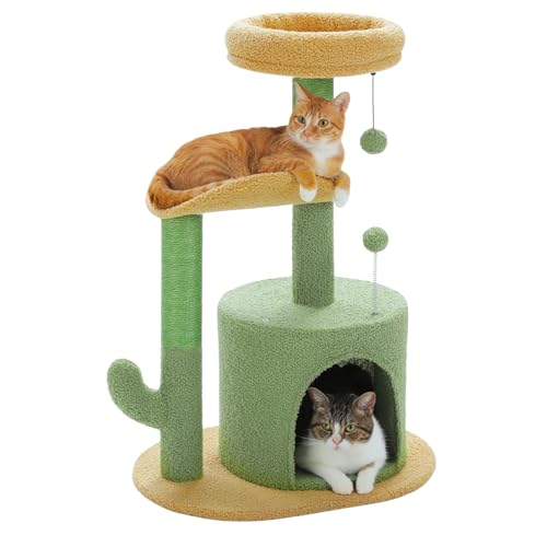 Catcus Kratzbaum Turm, 78,7 cm, Katzenbaum mit Kratzstämmen, Katzenbaum für Indoor-Katzen, Kleiner Katzenturm, Katzenspielhaus, Katzenhöhlen für Erwachsene Katzen, Grün & Orange (78,7 cm + Turm) von FluffyDream