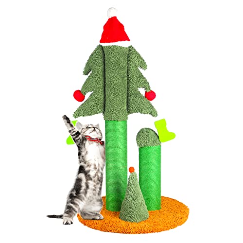 FluffyDream 81,3 cm Kratzbaum für Katzen, hoher Weihnachtsbaum, Katzenkratzer mit 3 Pfosten und niedlichen baumelnden Teaserbällen, natürliches Sisalseil Katzenspielzeug für Kitty und Erwachsene von FluffyDream