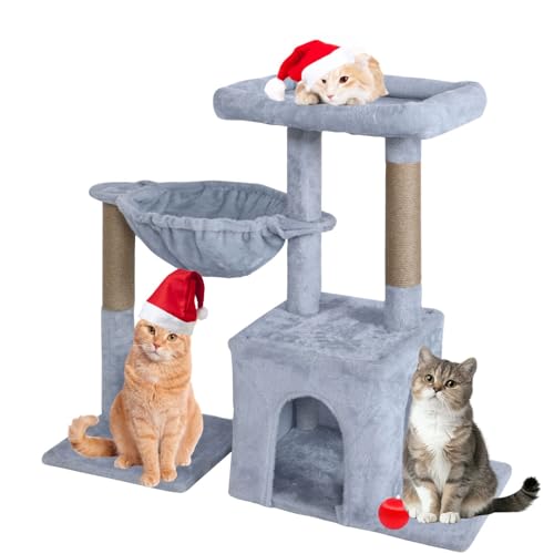 Kratzbaum Turm 74.9 cm, Katzenbaum für Indoor Katzen, Katzenkratzbaum, Katzenbaum Kratzbaum mit Hängematte Sitzstange, Kleiner Katzenturm, Katzenspielhaus Katzenhöhlen für Erwachsene Katzen, Grau von FluffyDream