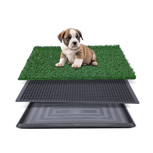 FluffyDream Hundegras-Pad mit Tablett, 40,6 x 50,8 cm, 3-lagiges Trainingspad, Urinierpads für Hunde, geruchsfrei, Hundetoilette für Innenbereich, Balkon, Wohnung von FluffyDream