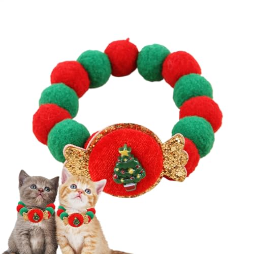 FmtwPhn Weihnachts-Katzenhalsband,Katzen-Weihnachtshalsband | Niedliches Schleife-Plüschball-Ferien-Katzenhalsband,Buntes Haustier-Halsketten-Zubehör, verstellbares Katzenkostüm von FmtwPhn