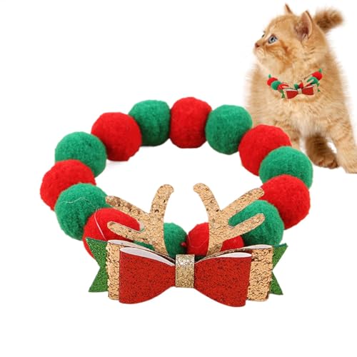 FmtwPhn Weihnachtshalsbänder für Hunde, Weihnachtshalsband für Katzen,Süßes Plüsch-Kugel-Katzenhalsband mit Fliege - Verstellbare Haustier-Halskette, Zubehör, Bunte Hunde-Outfit-Dekorationen, weiches von FmtwPhn