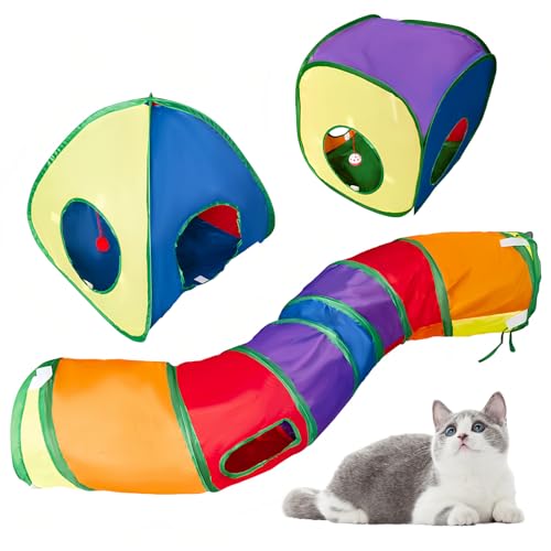 Focenat 3 in 1 Katzentunnel Outdoor, Faltbarer Katze Spieltunnel, Katzenzelt Outdoor, Interaktive Spielzeug Con Glockenball, Pop Up Kleintiere Tunnel, Katzenspielzeug Tunnel für Welpen Kaninchen (A) von Focenat