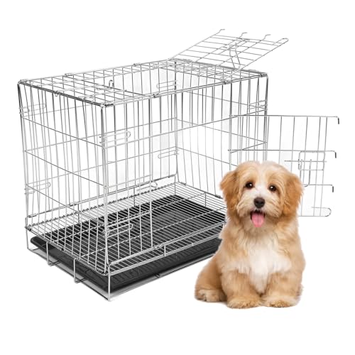 Hundebox, 25,2 X 23,6 X 16,5 Zoll, Robuste, Faltbare Hundebox aus Metalldraht mit Herausnehmbarem Tablett für Kleine und Mittelgroße Haustiere, Doppeltür-Hundekäfig, Haustierbox von Focket