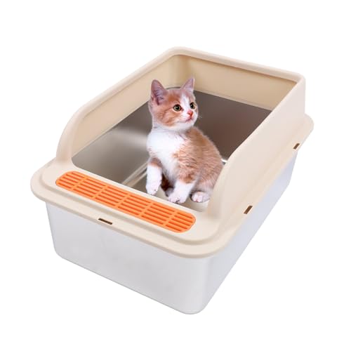 Extra Große Katzentoilette aus Edelstahl, Leicht zu Reinigende Katzentoilette mit Auslaufsicherer Matte, 23,62 X 15,75 X 7,87 Zoll Metalltoilette für Mehrere Katzen, (Extra groß) von Fockety