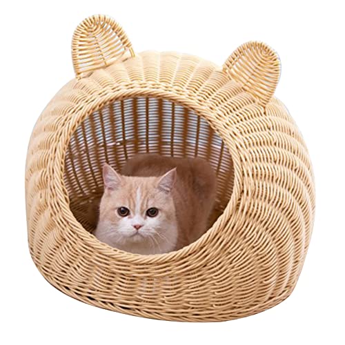 Halbgeschlossenes Katzenbett, Bequemes Handgewebtes Katzenhaus für den Innenbereich (Beige) von Fockety