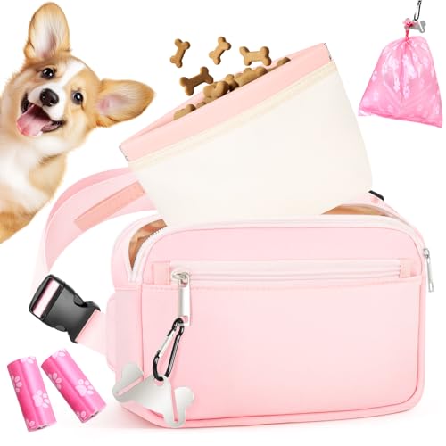 Focxoio Leckerlibeutel für Hunde, Gassi Tasche mit Separatem Snackpaket, Praktischer Leckerlibeutel für Hunde, Multifunktionaler Futtertasche Hundetraining mit Kotbeutelspender - Rosa von Focxoio