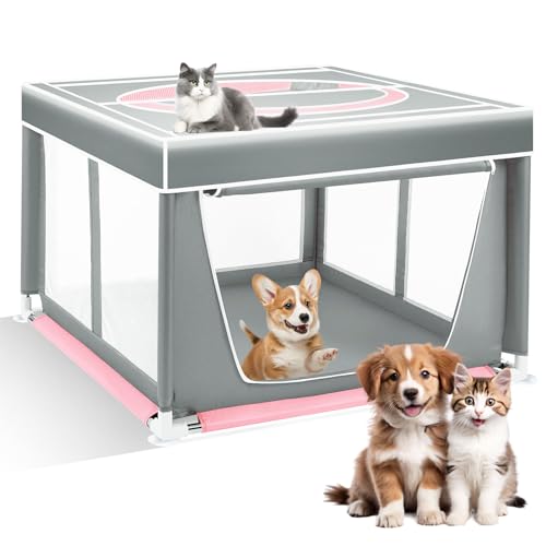 Focxoio Welpenauslauf mit Abnehmbarem Dach, Welpenlaufstall 106x106x69 cm, Hundebox für Drinnen und Draußen, Hundekäfig für Hunde & Katzen mit Rahmen aus PVC-Rohren, Grau Rosa von Focxoio