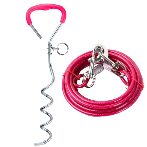 3 m Hundeleine Kleine Mittlere Große Hunde, 6 mm Hunde Stahldrahtseil und 42 cm Pflock, Tie-Out Leinen Haustier, Bis zu 250 kg, Hunde Hofleine mit Drehhaken, PVC Coated, Hundekette Outdoor (3m Rosa) von Fodlon