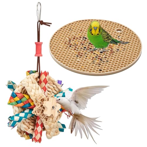 3-teiliges Vogelfutterspielzeug-Set, 1 x Vogel-Sittich-Spielzeug, Silikon, 2 x Vogelfuttermatte, Sittiche, Samenbehälter, Futterspender für Käfig, Vogelspielzeug für Nymphensittiche, Sittiche, von Foilswirl