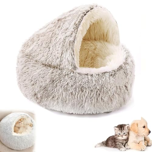 Fokayo Lapcatz Nestbett, beruhigendes Hundebett, Katzenbett, rund, flauschig, mit Kapuze, beruhigendes Katzenbett, Höhle, halbgeschlossenes Haustiernest, Abnehmbarer, waschbarer (L,Coffee) von Fokayo