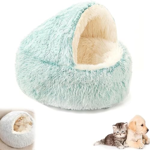 Fokayo Lapcatz Nestbett, beruhigendes Hundebett, Katzenbett, rund, flauschig, mit Kapuze, beruhigendes Katzenbett, Höhle, halbgeschlossenes Haustiernest, Abnehmbarer, waschbarer (L,Green) von Fokayo