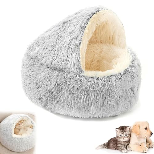 Fokayo Lapcatz Nestbett, beruhigendes Hundebett, Katzenbett, rund, flauschig, mit Kapuze, beruhigendes Katzenbett, Höhle, halbgeschlossenes Haustiernest, Abnehmbarer, waschbarer (L,Grey) von Fokayo