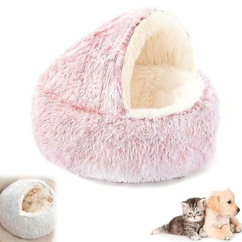 Fokayo Lapcatz Nestbett, beruhigendes Hundebett, Katzenbett, rund, flauschig, mit Kapuze, beruhigendes Katzenbett, Höhle, halbgeschlossenes Haustiernest, Abnehmbarer, waschbarer (L,Pink) von Fokayo