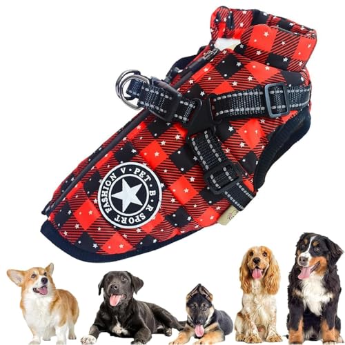 Fokayo Pawbibi Sport – wasserdichte Winterjacke mit integriertem Geschirr, Pawbibi Hundejacke mit Geschirr, Hunde-Wintermantel, wasserdicht, Winddicht, reflektierende warme Hundeweste (4XL,Plaid) von Fokayo