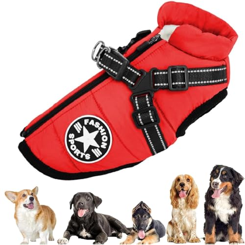 Fokayo Pawbibi Sport – wasserdichte Winterjacke mit integriertem Geschirr, Pawbibi Hundejacke mit Geschirr, Hunde-Wintermantel, wasserdicht, Winddicht, reflektierende warme Hundeweste (S,Rot) von Fokayo