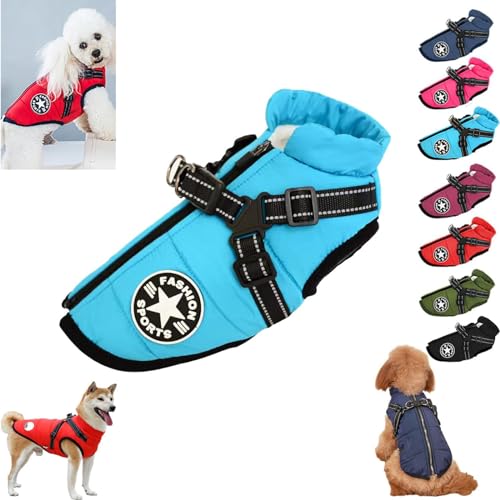 Fokayo Pawbibi Sport – wasserdichte Winterjacke mit integriertem Geschirr, Pawbibi Hundejacke mit Geschirr, Hundemantel mit integriertem Geschirr, Warmer Wintermantel für Haustiere (L,Sky Blue) von Fokayo