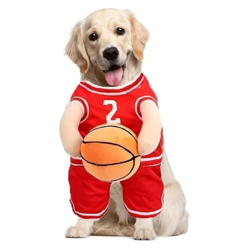 Hunde-Basketball-Kostüm mit Ball, Hunde-Basketball-Spieler-Kostüm, Hunde-Basketball-Halloween-Kostüm, Basketball-Hundekostüm, haltendes Ballhund-Basketball-Trikot, verstellbare Träger (Small,Red) von Fokayo