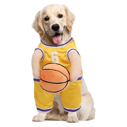 Hunde-Basketball-Kostüm mit Ball, Hunde-Basketball-Spieler-Kostüm, Hunde-Basketball-Halloween-Kostüm, Basketball-Hundekostüm, haltendes Ballhund-Basketball-Trikot, verstellbare Träger (Medium,Yellow) von Fokayo