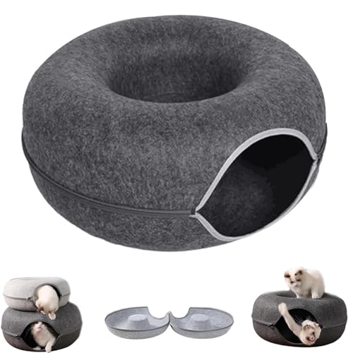 Meowmaze Katzenbett, Meow Maze Tunnelbett, Katzentunnelbett, rundes Katzennest aus Filz, Donut-Tunnel mit Loch, Katzenhöhlenbett, Peekaboo-Betten für Hauskatzen (L,Tief grau) von Fokayo