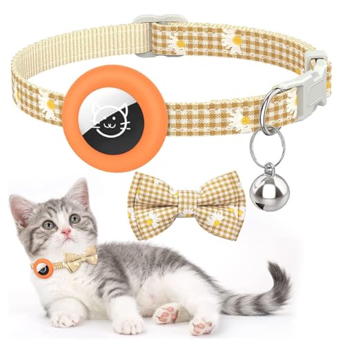 Katzen Halsband mit Glocke für AirTag(Ohne Airtag) - Anti-Lost Cat Tracker Halsband mit Verstellbarem Halter & integrierter Glocke, Leichte Tracker Katzen Halsbänder für Mädchen Junge Katzen (Orange) von Fokecci