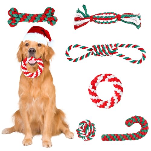 Forhandy 6 Stück Hundespielzeug Weihnachten, Weihnachten Hund Seil Naturbaumwolle, Kauen Training Hundespielzeug, Zuckerstange Knochen Ball Hundespielzeug von Forhandy