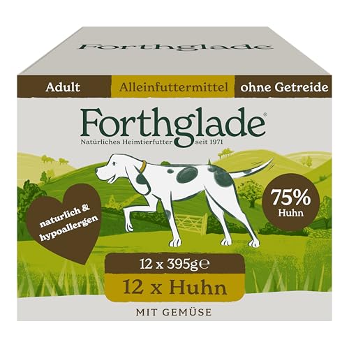 Forthglade Nassfutter für Hunde (12 x 395g Schalen) – getreidefreies Futter mit Huhn & Gemüse für ausgewachsene Hunde ab 1 Jahr, hypoallergenes Hundefutter für sensible Hundemägen von Forthglade