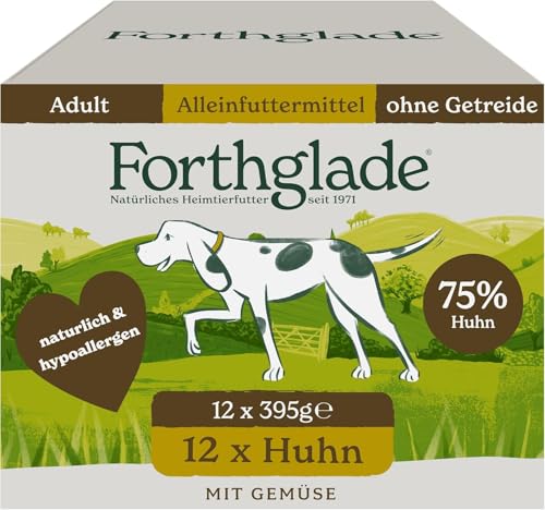 Forthglade Nassfutter für Hunde (12 x 395g Schalen) – getreidefreies Futter mit Huhn & Gemüse für ausgewachsene Hunde ab 1 Jahr, hypoallergenes Hundefutter für sensible Hundemägen von Forthglade