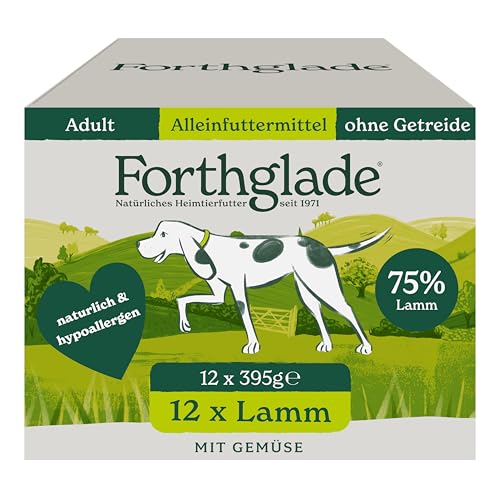 Forthglade Nassfutter für Hunde (12 x 395g Schalen) – getreidefreies Futter mit Lamm & Gemüse für ausgewachsene Hunde ab 1 Jahr, hypoallergenes Hundefutter für sensible Hundemägen von Forthglade