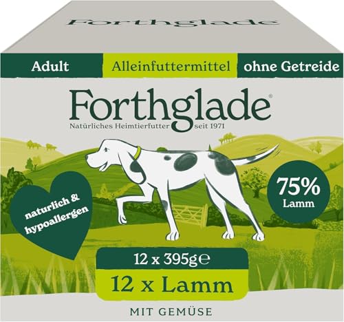 Forthglade Nassfutter für Hunde (12 x 395g Schalen), hypoallergenes & getreidefreies Futter für ausgewachsene Hunde ab 1 Jahr, Hundefutter mit Lamm & Gemüse für sensible Hundemägen von Forthglade