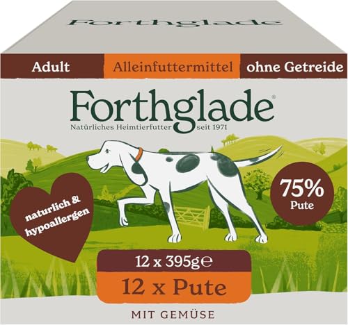 Forthglade Nassfutter für Hunde (12 x 395g Schalen) – getreidefreies Futter mit Pute & Gemüse für ausgewachsene Hunde ab 1 Jahr, hypoallergenes Hundefutter für sensible Hundemägen von Forthglade