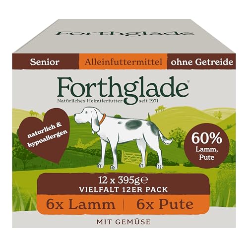 Forthglade Nassfutter für Hunde (Mixpaket, 12 x 395g Schalen) – getreidefreies Futter für Senior-Hunde ab 7 Jahren mit Lamm oder Truthahn & Butternut-Kürbis, hypoallergenes Hundefutter von Forthglade